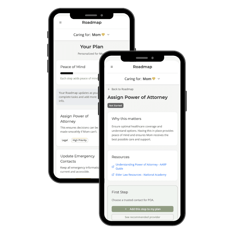Sagebeam Roadmap showing personalized care plan with tasks like Assign Power of Attorney