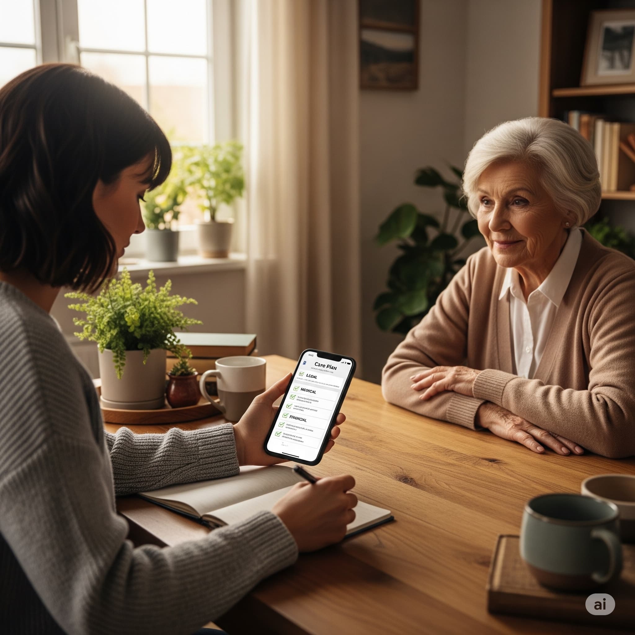Adult daughter and elderly mother sharing a moment at home