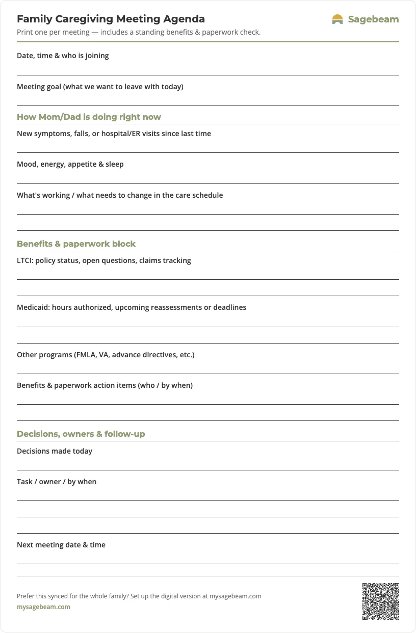 Family Caregiving Meeting Agenda — free printable template preview