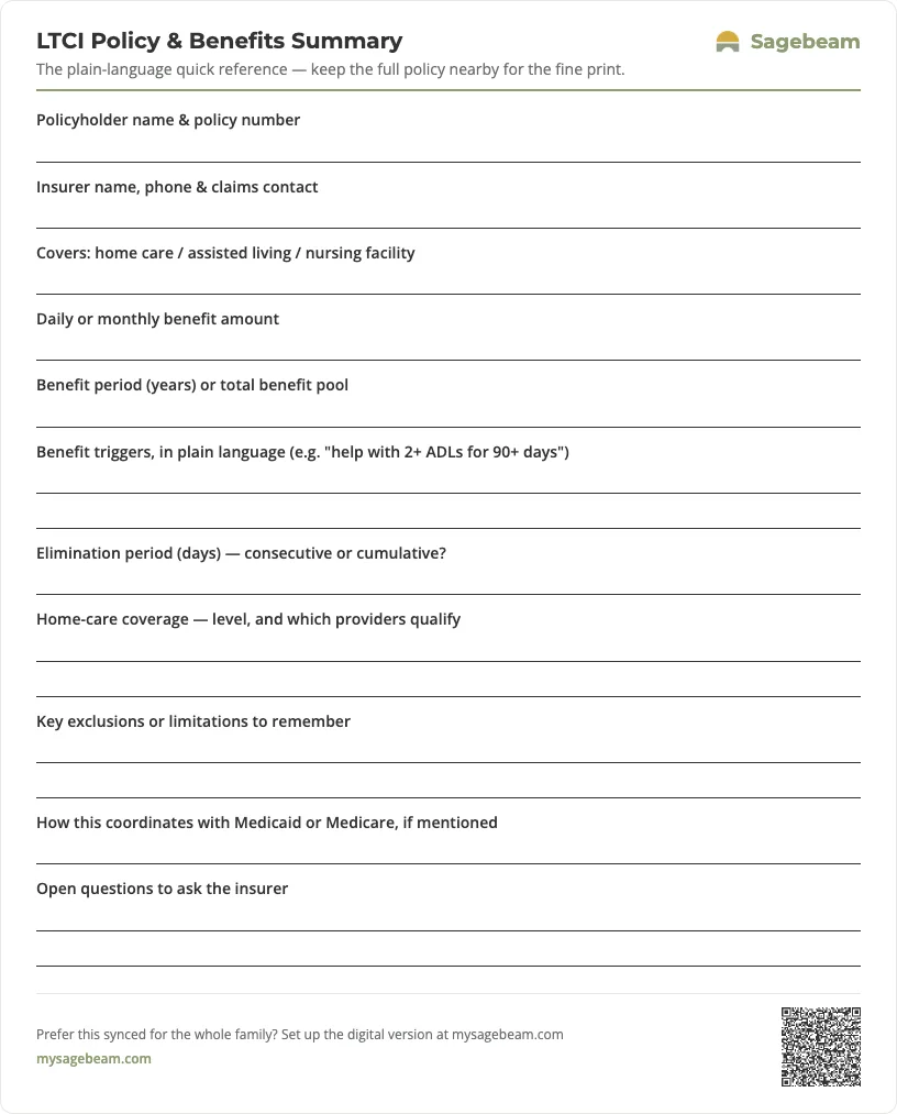 LTCI Policy & Benefits Summary — free printable template preview